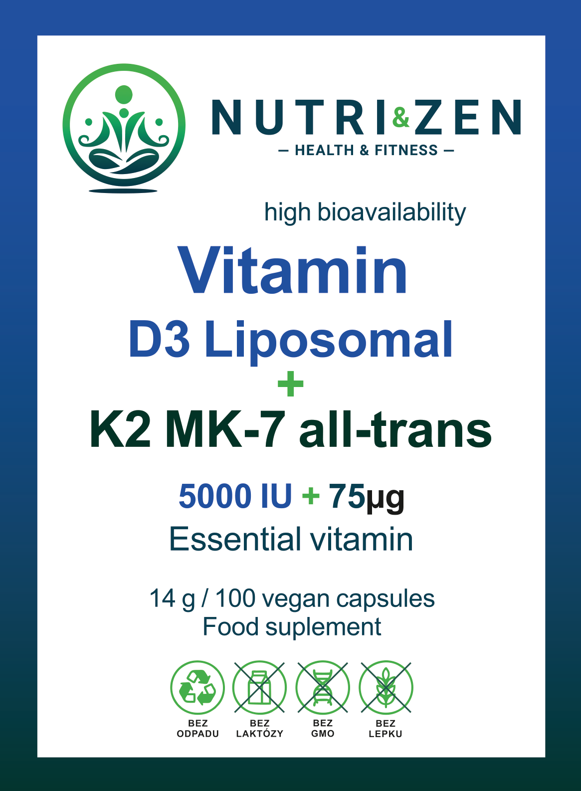 NUTRI&ZEN Lipozomálny vitamín D3 + K2 MK-7 all-trans 5000 IU + 75 µg 100 kapsúl / 14g