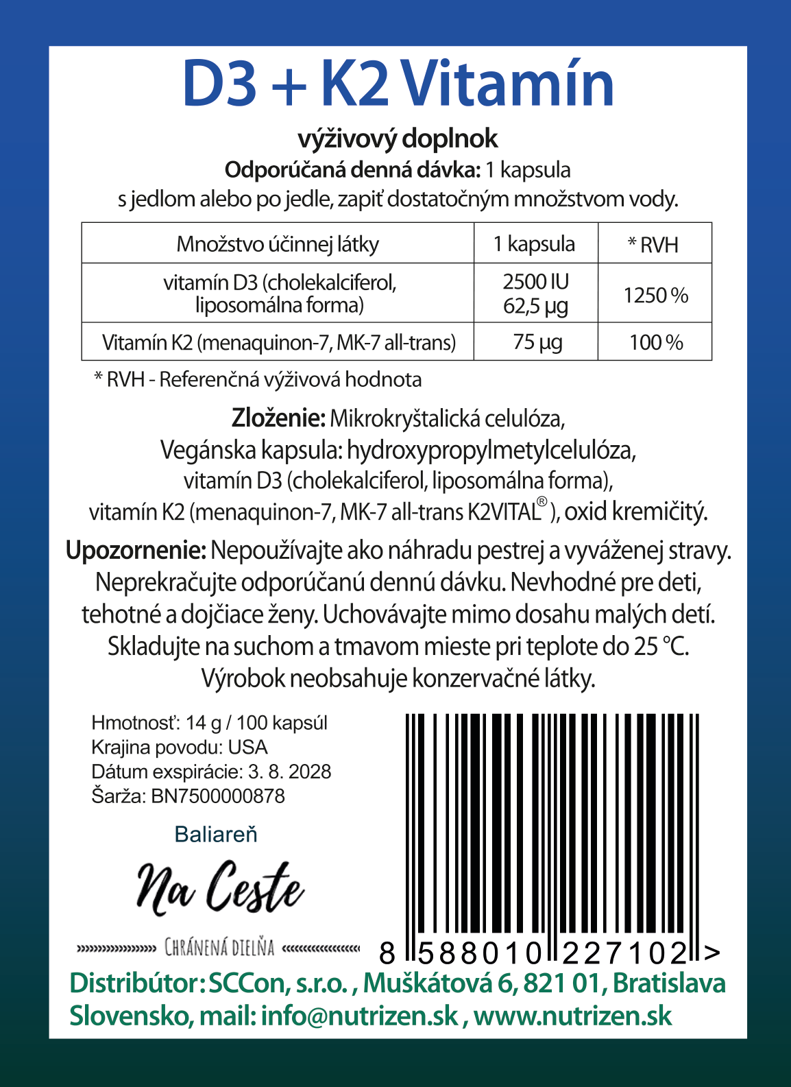 NUTRI&ZEN Lipozomálny vitamín D3 + K2 MK-7 all-trans 5000 IU + 75 µg 100 kapsúl / 14g